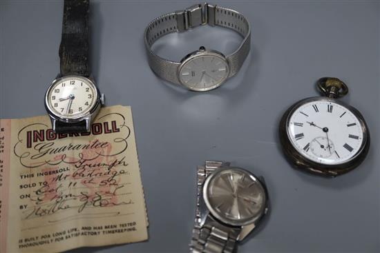 Two Seiko wrist watches, an Ingersoll watch and a silver pocket watch.